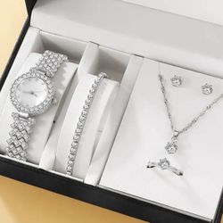 NEW Women’s Sterling Silver Necklace Watch Earrings Bracelet Set Jewelry Gift 