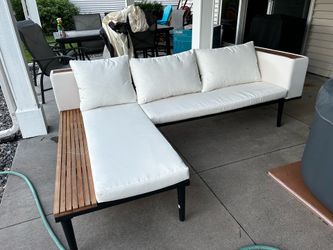 89.4" Outdoor Patio L-Shaped Acacia Wood Sectional Sofa Set with Coffee Table and Side Table - Beige