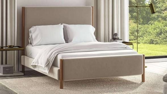 Brand New Saatva Milan Taupe Vintage Velvet King Bed Frame.