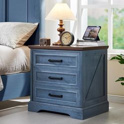 Farmhouse Nightstand with Charging Station, 22 Inch Wide End Table with 3 Large Drawers & Bar Handles, Rustic Wood Small Dresser Chest of Drawers for 