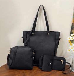 Black Faux Leather Handbag Set – 4 Pieces