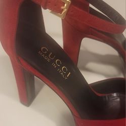 Gucci Women's Red Velvet High Heel Ankle Strap Shoes Size 36 1/2 C