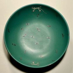 Emilia Castillo Green Ceramic Shallow Bowl Applied Sterling Silver Lizards & Dragonflies 7"D