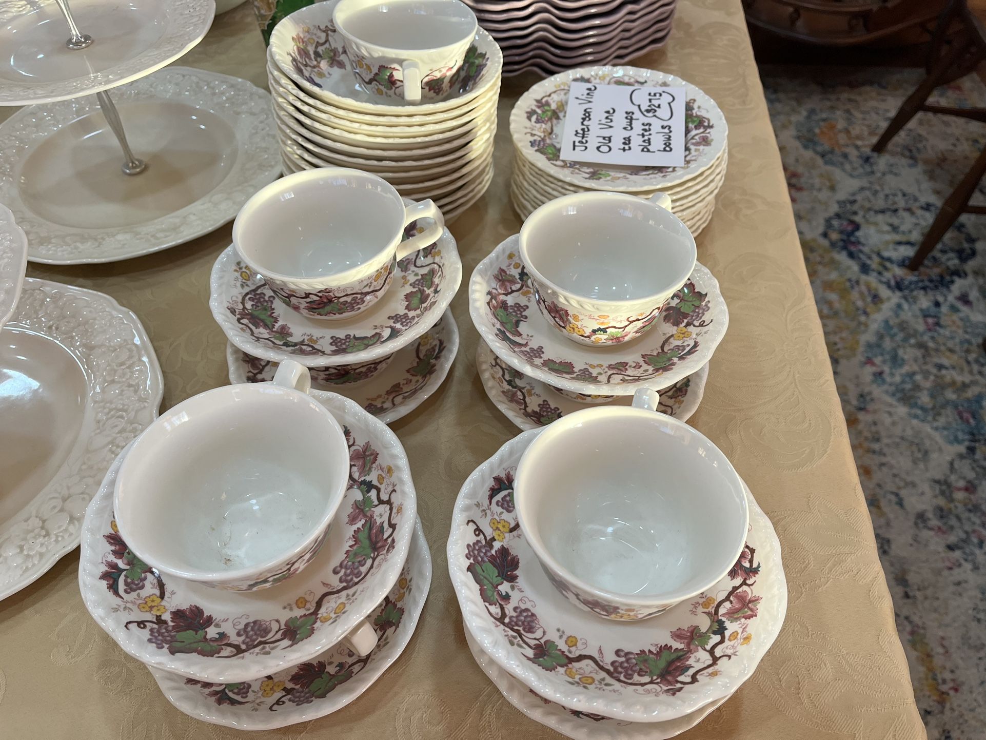 Antique Jefferson Vine Teacups, Bowls, And Small Plates