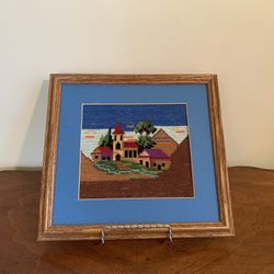 Framed needlepoint piece about 10.5” x 10” - church & pyramid 