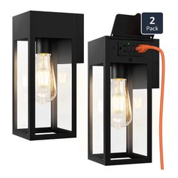 2 Pack Porch Lights Outdoor Wall Sconce, Outdoor Light with GFCI Outlet, Black