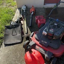 Yard Equipment 30” Two Blade Mower , Weed Eater And trimmer With Extra Gas Cans