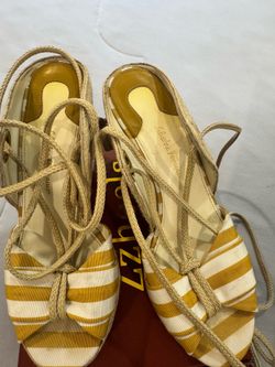 Salvatore Ferragamo Yellow & White Striped Lace-Up Espadrille Wedge Sandals – Women’s