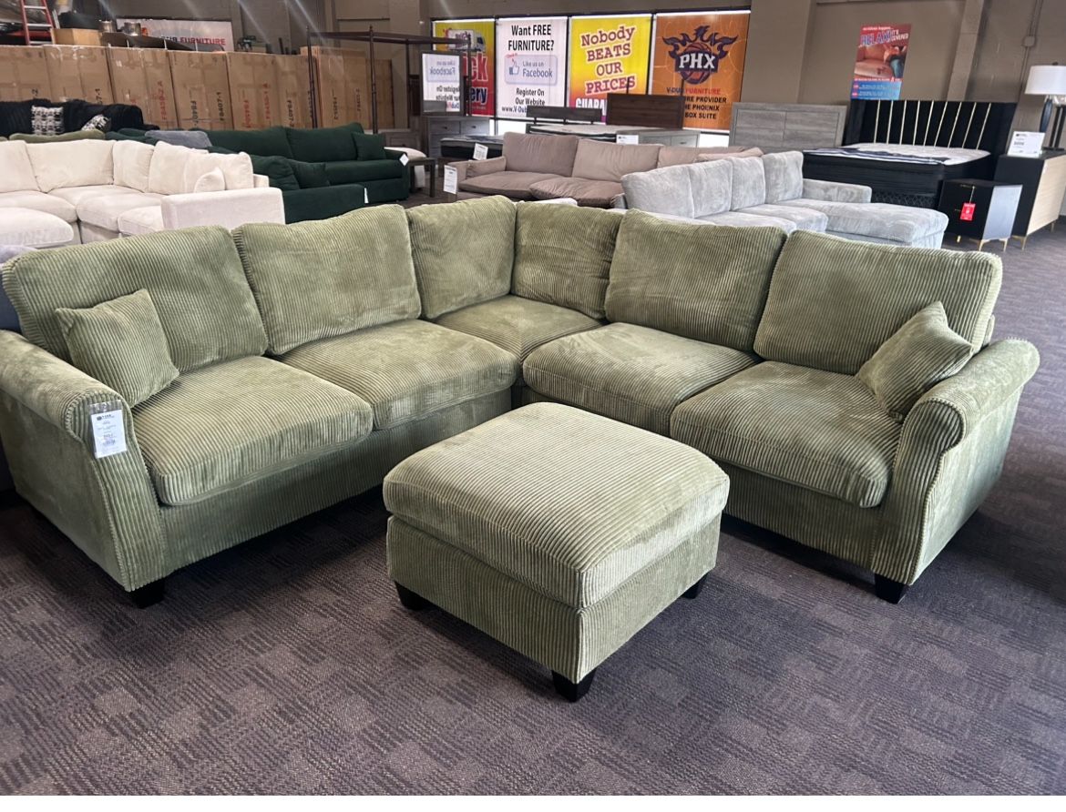 Sage Green Comfy Sectional And Ottoman