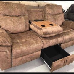By Ashley Signature 🍀 Brown Huddle Up Reclining Sofa With Drop Down Table Living Room 🍀 Best Quality 🍀 On Sale 📣