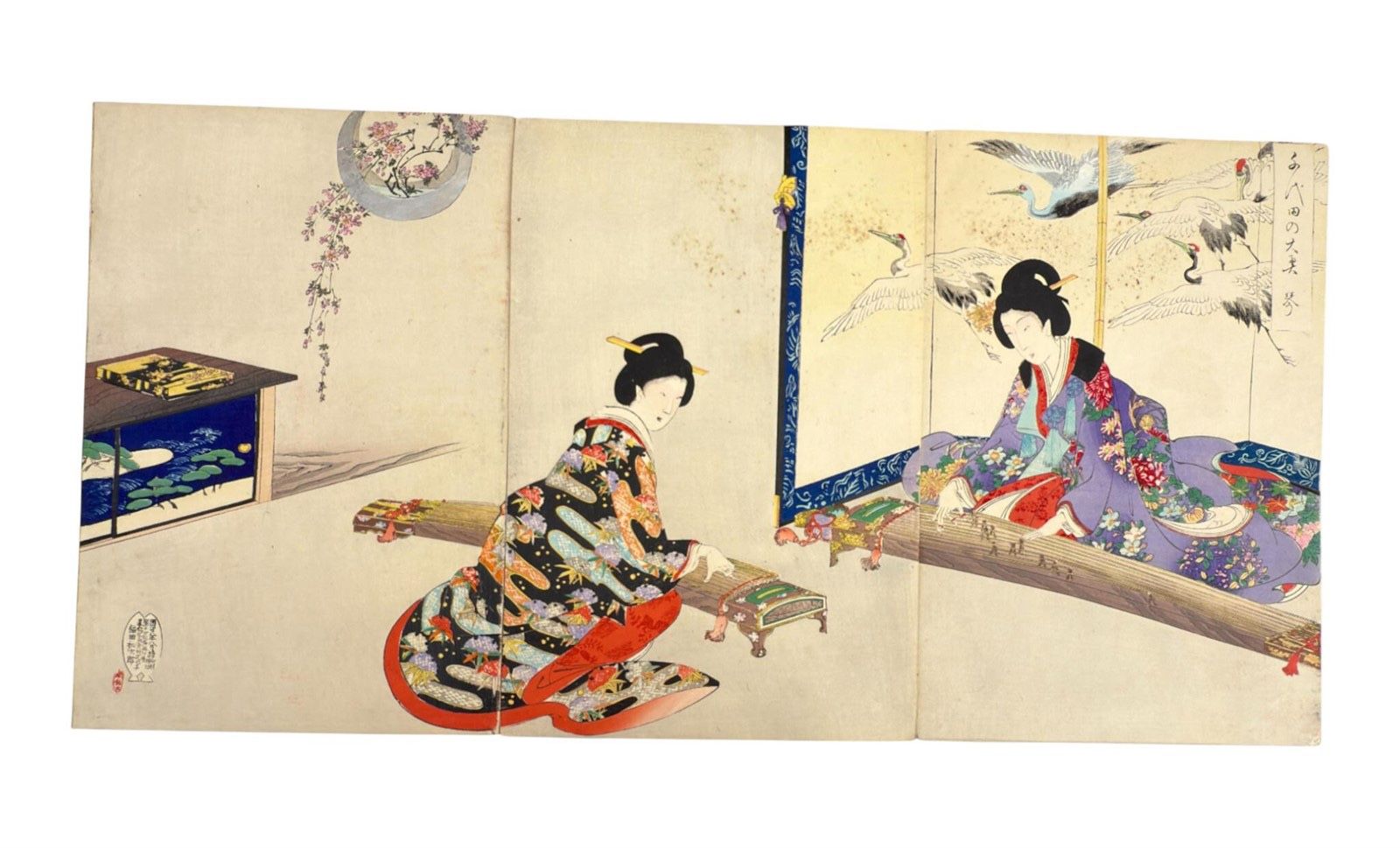 🇯🇵 Meiji-Era Japanese Woodblock Triptych – Attributed to Chikanobu – 28.5″ Wide – Antique