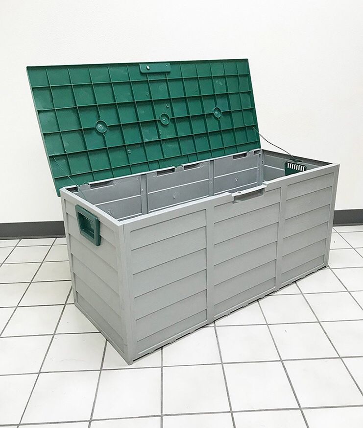 (New in box) $45 each Plastic Storage Box 70 Gallon Outdoor Durable Plastic Shed Waterproof 44”x19”x21”