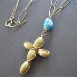 Sleeping Beauty Turquoise Wire Wrapped Vermeil Cross Long Necklace