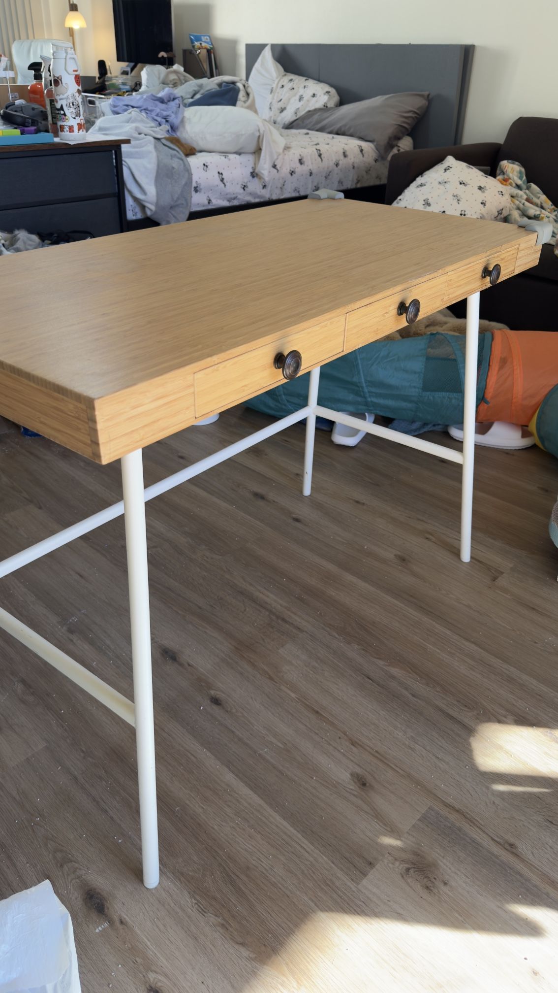 IKEA LILLASEN Desk – 3 Drawer Bamboo Wood & White Metal