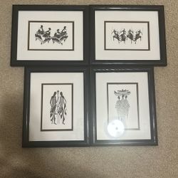 Set of 4 Black & White African Art Prints on Paper - Matted & Framed