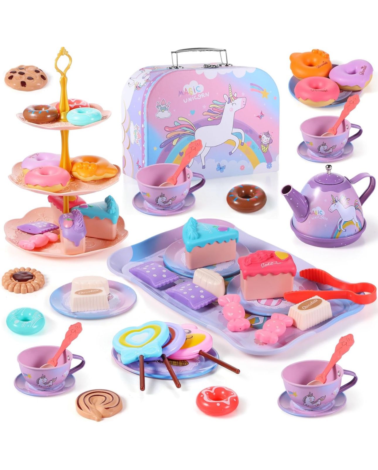 Pretend Tea Party Set for Girls, Princess Afternoon Tea Play Set, Beautiful Noble Gift for Age 3-6 Year Old, Toddler Toys Tea Party Set with Desserts 