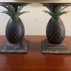 Pair Of Bronze Pineapple Candleholders 