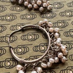 Antique Vintage Pure Silver Pearls Large Hoop Earrings 