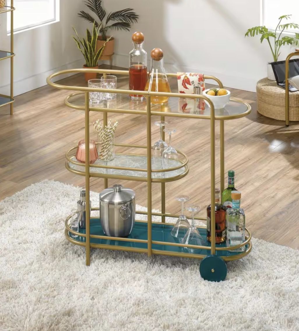 SAUDER Coral Cape Satin Gold Bar Cart with Glass Shelves