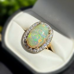 Jewelry 14k solid yellow gold natural diamonds natural opal ring sz 5.00