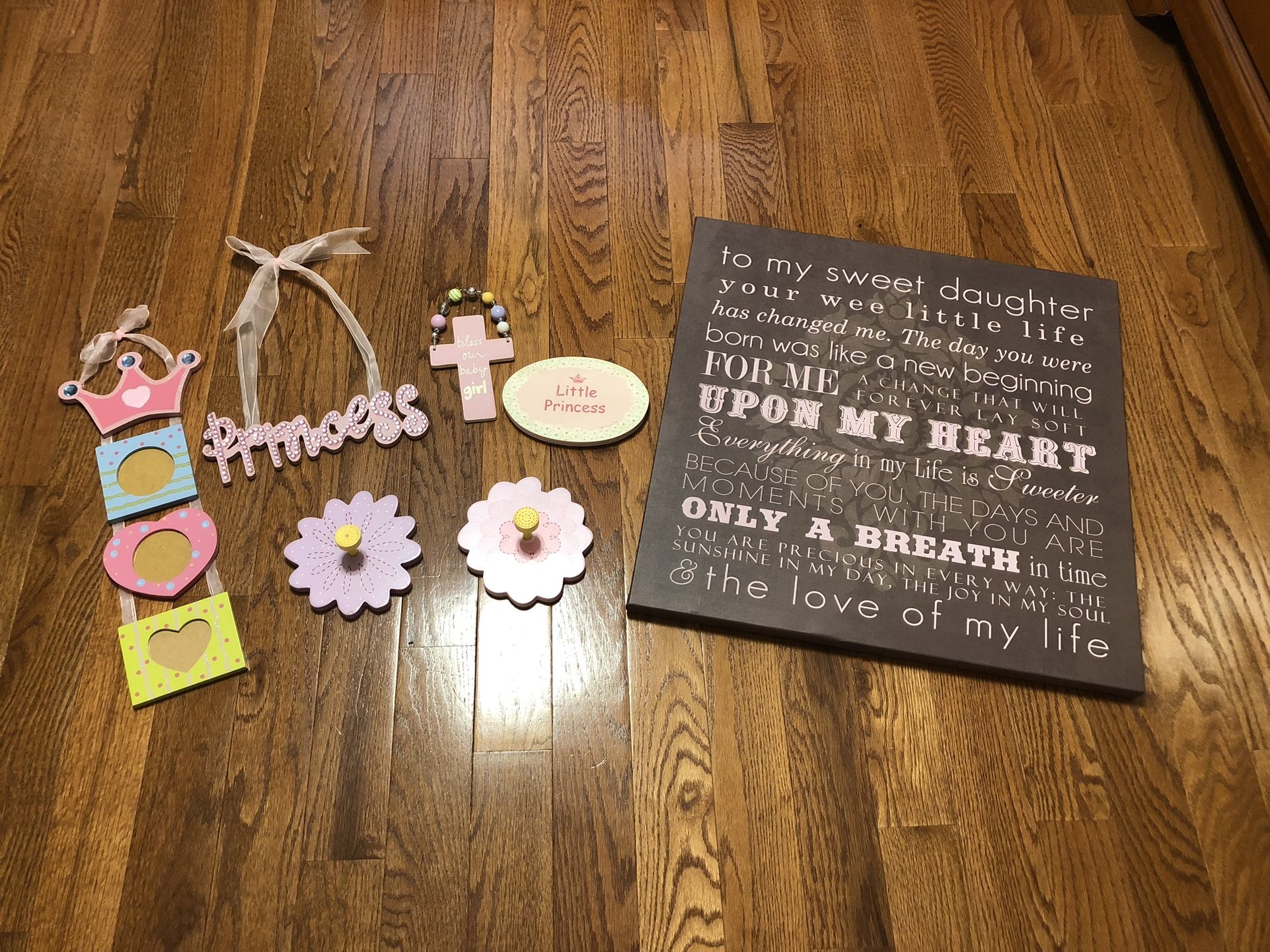 7 PCs Baby Girl Princess Nursery Room Decoration: 22”x22” Large Canvas Beautiful Words For Precious Baby, Hanging Signs, Hanging Picture Frame, 2 Wood