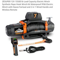 12V 13500 lb Load Capacity Electric Winch Synthetic Rope Hook Winch Kit Waterproof IP66 Electric Winch with Hawse Fairlead and 2 in 1 Wired Handle and