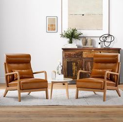 Mid Century Modern Accent Chair Set of 2, High Back Reading Armchair with Wood Frame, PU Leather Living Room Chairs with Waist Cushion, Single Lounge