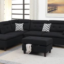Black Sectional Sofa With Storage Ottoman Brand New 
