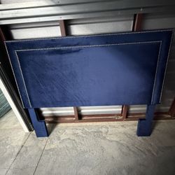 Headboard, Blue Velour Upholstered, Nail Head Trim. 