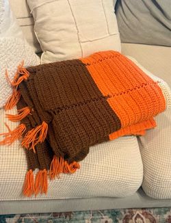 Vintage Handmade Crochet Afgan Throw Blanket in Brown, Orange and Ivory