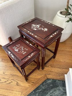 Vintage Set 2-Chinese Ming Style Carved Rosewood Mother of Pearl Nesting Tables Antique Small Inlayed Collectible Night Stands Accent Tables SMALL Spa