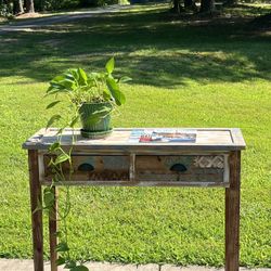 Charming Rustic Distressed Accent/ Console Table with 2 Wood Carved Drawers