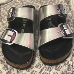 Birkenstock Arizona Silver/Metallic Buckle Sandals 