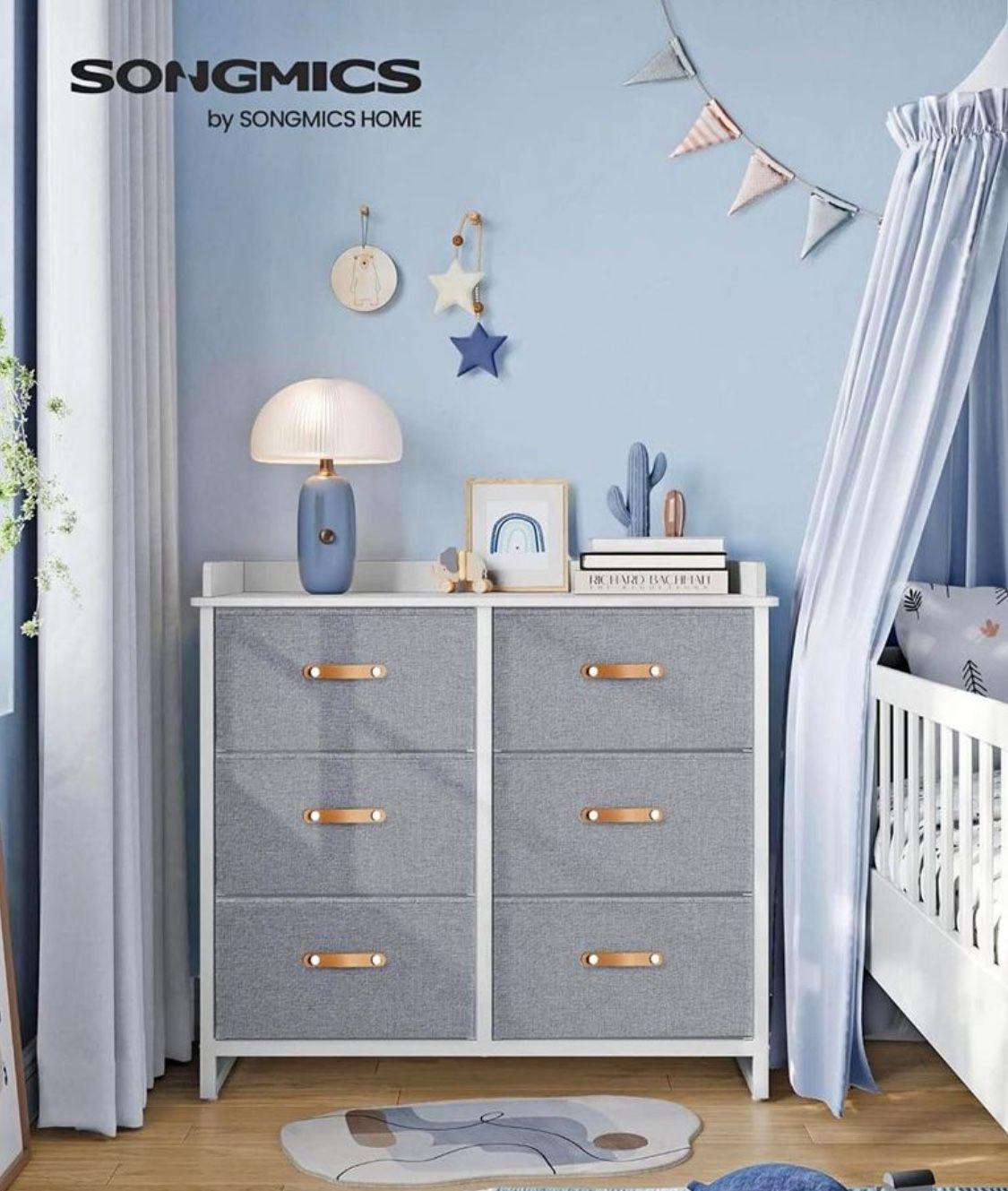 Dresser for Bedroom with 6 Drawers, Chest of Drawers, with Water-Resistant Changing Table, Storage Organizer Cabinet, for Kids Room Nurse