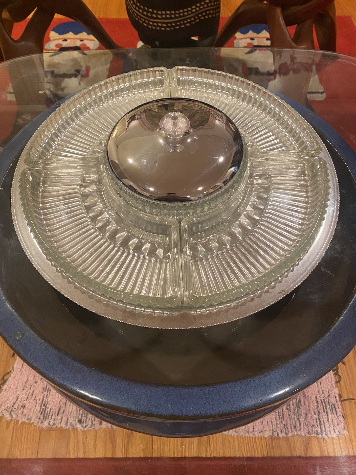Vintage Kromex Lazy Susan Chrome Tray with 5 Glass Inserts 