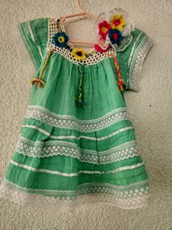 Girls Green Folk Dress with Crochet Neckline