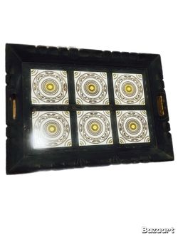 Vintage Hand-Carved Wood & Ceramic Tile Serving Tray ☕️✨