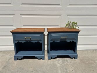 Refinished Vintage Nightstands – Solid Wood, Blue & Natural Oak (Set of 2) ✨