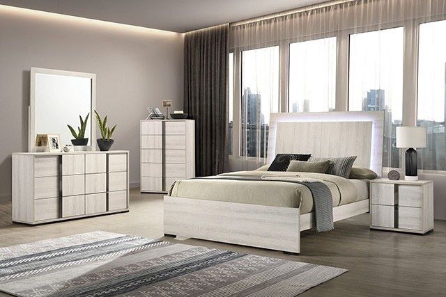 White Queen Bedroom Set 7PC W/ LED