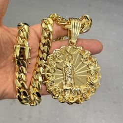 Super Heavy Flat  Miami Cuban Links Necklace And Large Saint Lázaro Pendant 