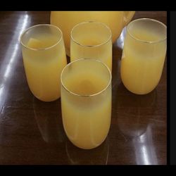 Vintage Yellow Cups Gold Rim -Tazas De Vidrio Soplado