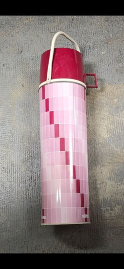RARE Vintage Thermos Red Pink Metal Plaid Cup Mid Century Modern Stopper