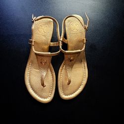 Tory Burch Logo Wedge Thong Sandal cork wedge heel size 6.5 gold