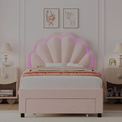 Twin Bed Smart LED Bed Frame with Storage Drawer and Adjustable Chic Double Petal Headboard, Princess Platform Bed for Girls/Kids, Solid Wood 