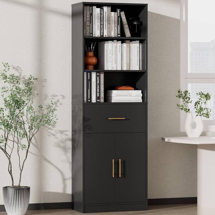 71 Inches Bookcase with Drawer, 6-Tier Tall Bookshelf with Storage Cabinet, Wooden Storage Organizer with 3-Tier Open Shelves for Study, Living Room,