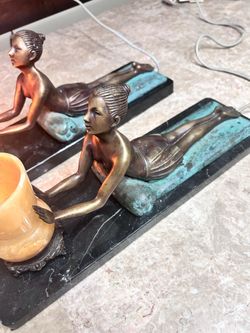 Pair Of Very Rare Vintage European Solid Bronze Lady Lamp on Marble Base - 15”x5” 7”H - With European Plug Adapter