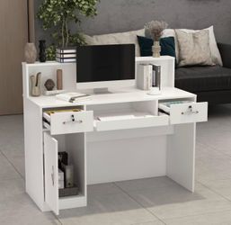 Reception Desk with Counter, Retail Counter with Lighted Display Shelf & Lockable Drawers, for Salon Reception Room Checkout Office, White (47.2" W x 