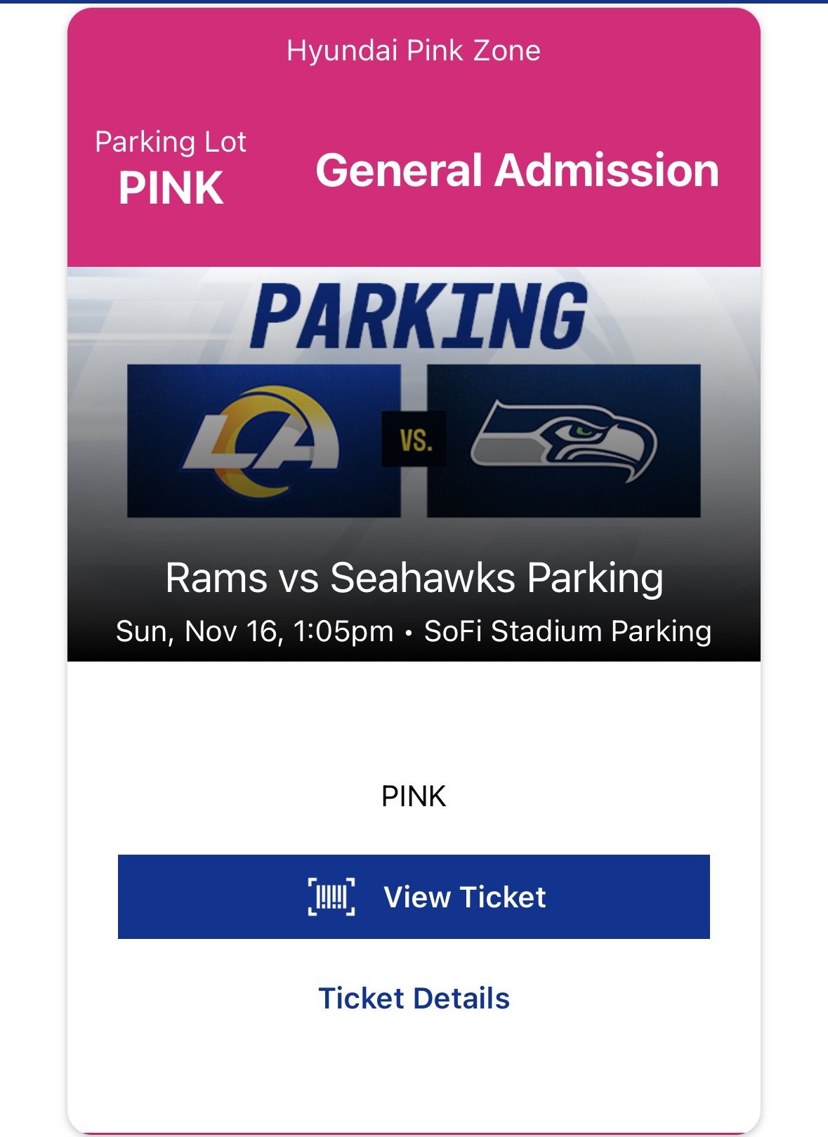 Rams VS Seahawks Pink Tailgate Parking