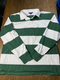 Sport-Tek Mens 2XL Rugby Shirt Green White Striped Long Sleeve Polo Flaw As Is