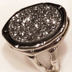 Silver Oval Drusy Quartz Ring Stainless Steel. Size 7.